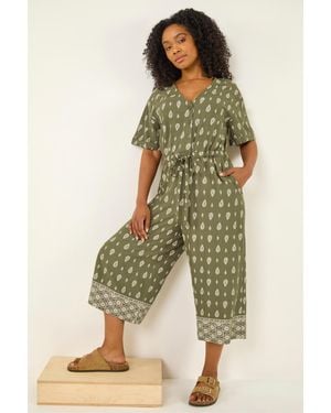 Roman Petite Print V-Neck Cropped Jumpsuit - Green