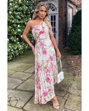 AX Paris And Floral Print One Shoulder Pleated Satin Midi Dress - Natural