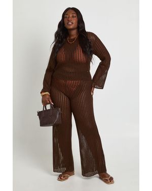 Boohoo Plus Beach Wide Leg Crochet Trouser - Brown