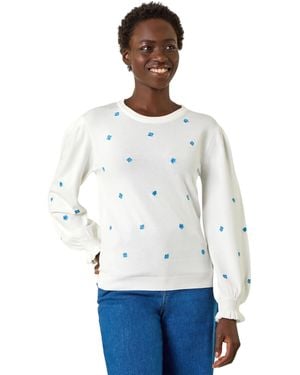 Roman Floral Embroidery Knit Top - White