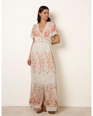 Blue Vanilla Floral Print Button Front Maxi Dress - Natural