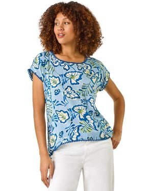 Roman Leaf Print Bobble Trim Tee - Blue