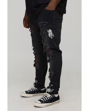 BoohooMAN Plus Floral Embroidered Ripped Skinny Jeans - Black