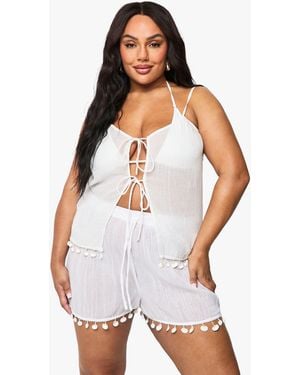 Boohoo Plus Shell Embellished Beach Shorts - White