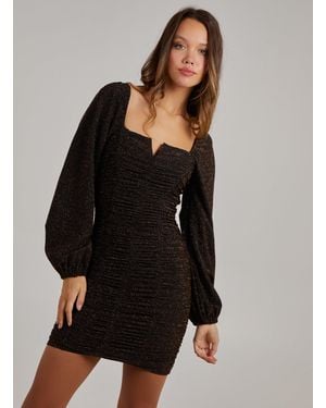 Pink Vanilla Glitter Notch Long Sleeve Dress - Black