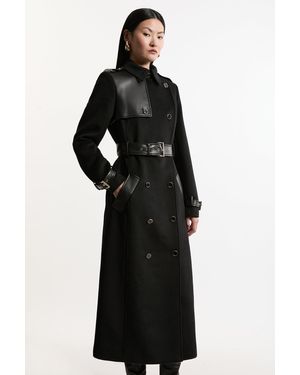 Karen Millen Wool Blend Pu Trim Belted Tailored Midi Coat - Black