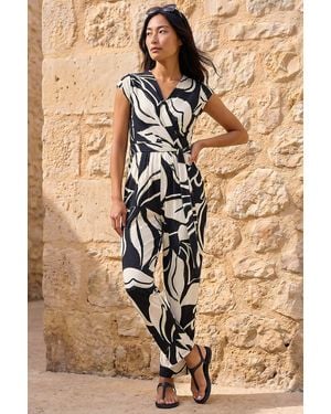 Roman Petite Leaf Print Stretch Jumpsuit - Black