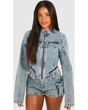 Boohoo Zip Detail Slim Fit Denim Moto Jacket - Blue