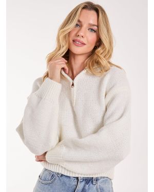 Pink Vanilla Zip Up Collar Knit Cropped Jumper - White