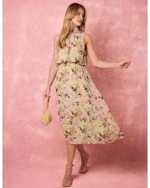 Blue Vanilla Watercolour Printed Sleeveless Midi Dress - Pink