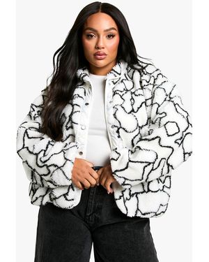 Boohoo Plus Abstract Print Boxy Oversized Teddy Jacket - Black