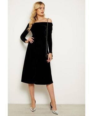 Sosandar Textured Velvet Bardot Midi Dress - Black