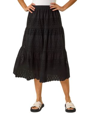 Roman Broderie Cotton A-Line Midi Skirt - Black
