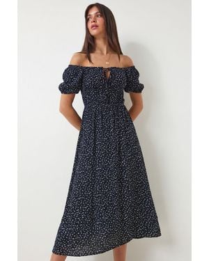 Happiness İstanbul Floral Viscose Midi Dress - Blue