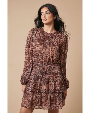 Oasis Chiffon Gathered Ruched Mini Dress - Brown