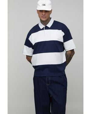 BoohooMAN Tall Oversized Boxy Stripe Interlock Short Sleeve Rugby Polo - Blue