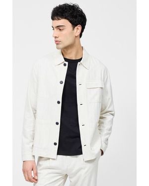 French Connection Cotton Blend Herringbone Button Up Chore Shacket Overshirt - White