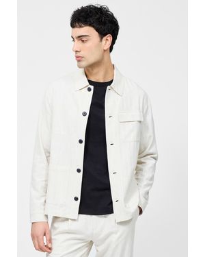 French Connection Cotton Blend Herringbone Button Up Chore Shacket Overshirt - White