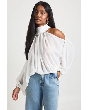 Boohoo Chiffon Cold Shoulder Volume Sleeve Blouse - White
