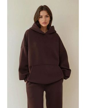 Hiccup Loose Fit Hooded Oversized Sweatshirt With Kangaroo Pocket - Brown