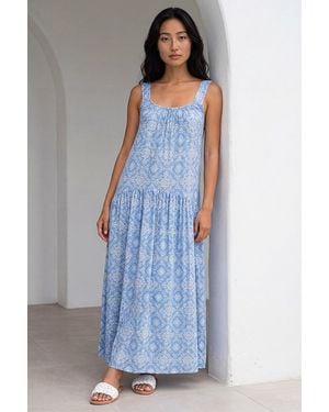 Roman Petite Tile Print Gathered Dress - Blue