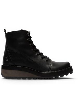 Fly London Leather Lace-Up Ankle Boots - Black