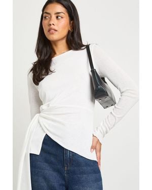 Boohoo Double Layered Textured Mesh Drape Front Long Sleeve Top - White
