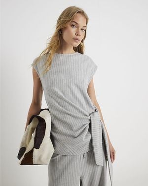 River Island Top Short Sleeve Pinstripe Tie Detail - Grey