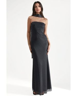 Hiccup Polka Dot Strapless Maxi Dress With Scarf Detail - Blue