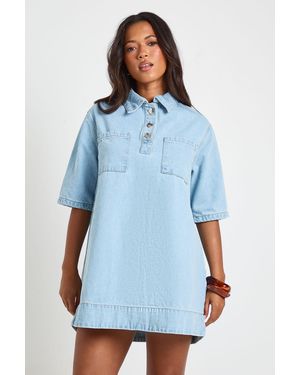 Boohoo Short Sleeve Denim Dress - Blue