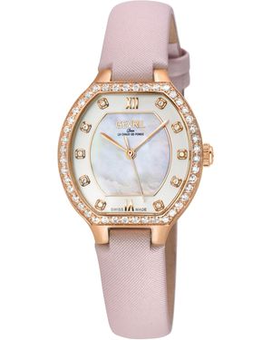 Gevril Lugano Swiss Diamond Watch, Mop Dial, 316L Stainless Steel Iprg Case, Handmade Rose Leather Strap - Metallic