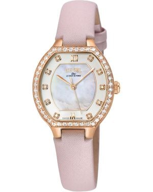 Gevril Lugano Swiss Diamond Watch, Mop Dial, 316L Stainless Steel Iprg Case, Handmade Rose Leather Strap - Metallic