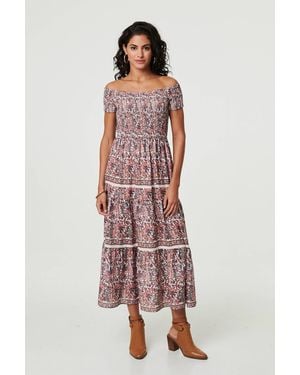Izabel London Ditsy Floral Bardot Smocked Midi Dress - Red