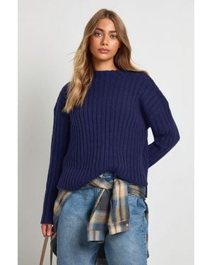 Boohoo Rib Knit High Neck Longline Jumper - Blue