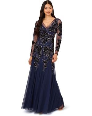 Adrianna Papell Beaded Mesh Velvet Long Dress - Blue
