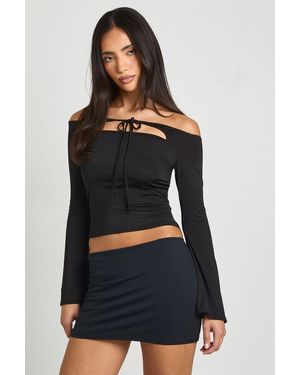 Boohoo Bardot Tie Front Long Sleeve Top - Blue