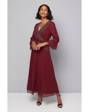 Wallis Embellished Wrap Flute Sleeve Midi Dress - Red