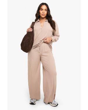 Boohoo Plus Brushed Rib Collared Top & Trouser Lounge Set - Natural