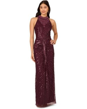 Adrianna Papell Halter Bead Drape Long Dress - Red