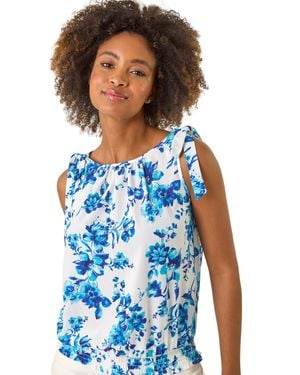 Roman Floral Print Bow Detail Stretch Top - Blue