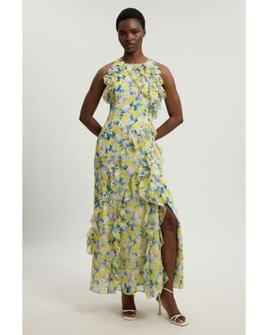Karen Millen Crinkle Georgette Ruffle Detail Halter Neck Woven Maxi Dress - Green