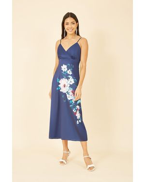 Yumi' Satin Slip Dress With Floral Design - Blue