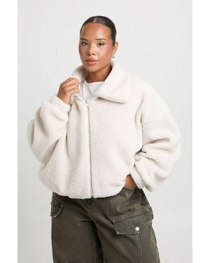 Boohoo Plus Funnel Neck Teddy Bomber Jacket - Natural