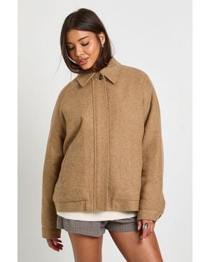 Boohoo Wool Blend Zip Front Jacket - Natural