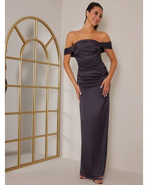 Chi Chi London Bardot Ruched Satin Maxi Dress - Blue