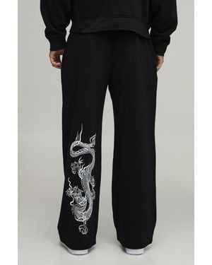 BoohooMAN Wide Leg Dragon Print Jogger - Black
