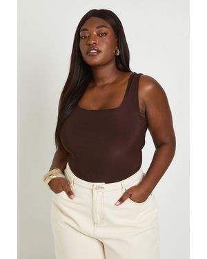 Boohoo Plus Double Layer Slinky Square Neck Bodysuit - Brown