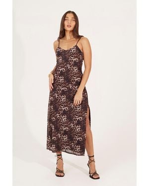 Brave Soul Strappy Leopard Print Maxi Dress With Split - Brown
