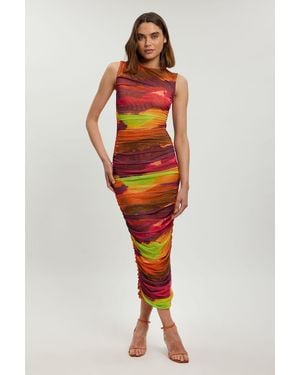 Karen Millen Petite Marbled Printed Mesh Ruched Jersey Maxi Dress - Red