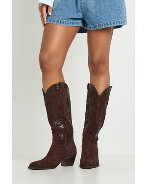 Boohoo Faux Suede Contrast Detail Knee High Western Boots - Blue